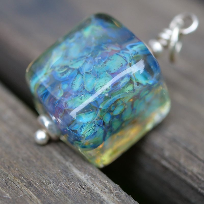 Glass pendant Blue cube Lampwork necklace Handmade jewelry Cosmic Cube Glass art