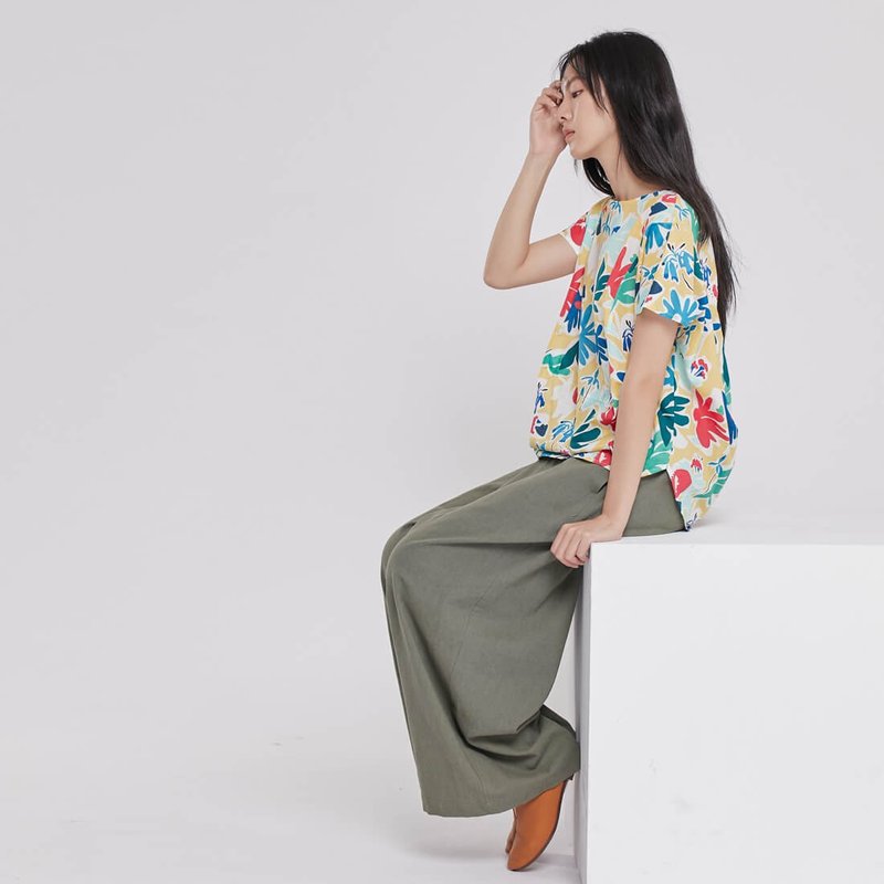 Arthur水洗棉麻不對稱寬褲/軍綠 - 女長褲 - 棉．麻 綠色