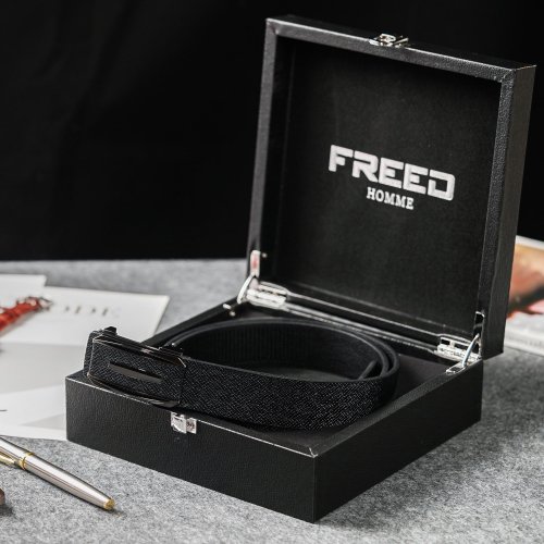 FREED 【FREED】方形銀色扣商務休閒頭層牛皮皮帶 - 黑色