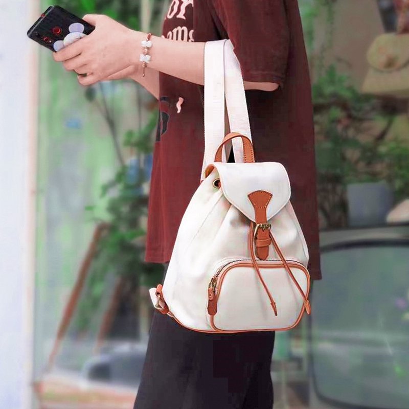 可愛小背包 女生雙肩包 休閒書包 帆布牛皮後背包 迷你輕便旅行包 - 後背包/背包/書包 - 真皮 