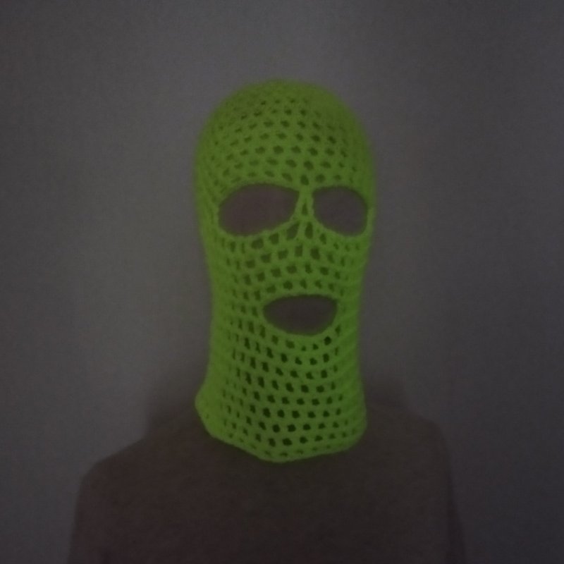 Neon yellow fluorescent balaclava crochet Mesh balaclava hood Fishnet face cover - หมวก - วัสดุอื่นๆ สีเหลือง