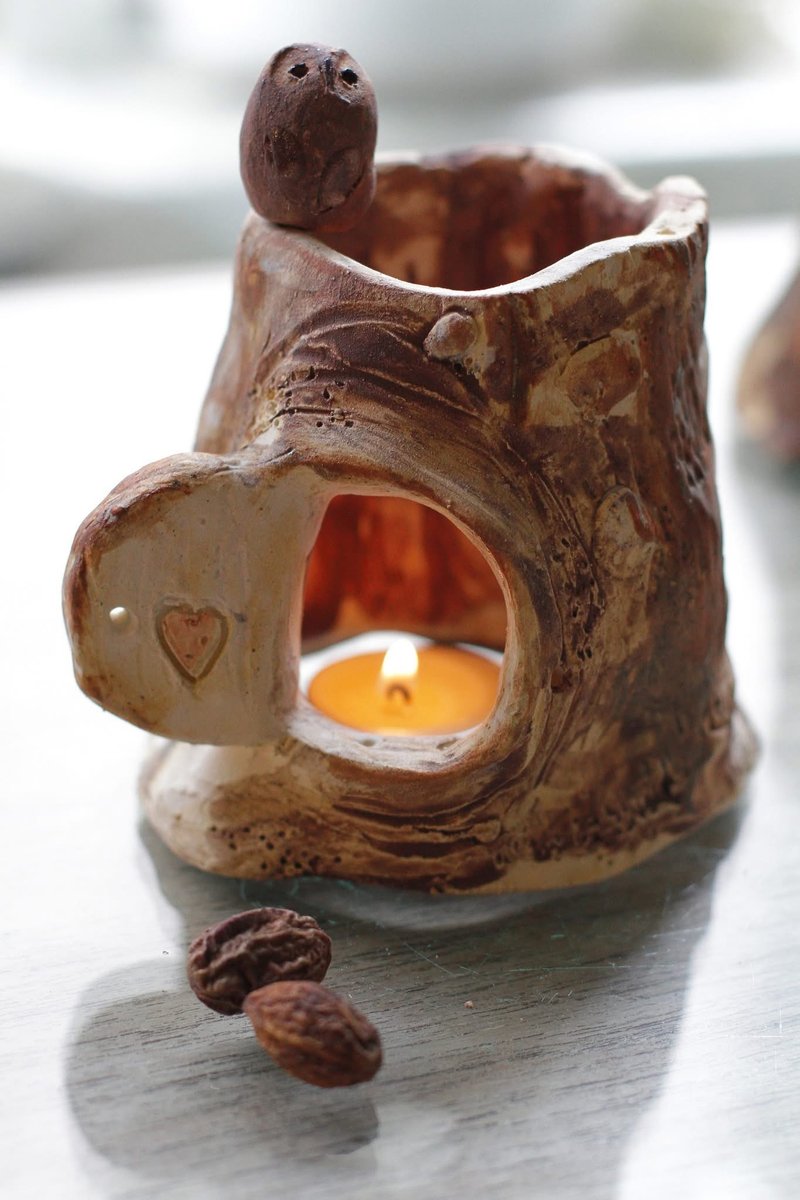 Hand-kneaded imitation tree trunk ceramic candle holder - Candles & Candle Holders - Pottery Brown