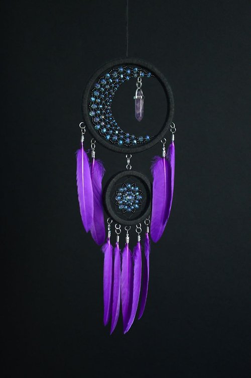 VIDADREAMS Purple black crescent moon dream catcher with amethyst crystal พระจันทร์ดักฝัน
