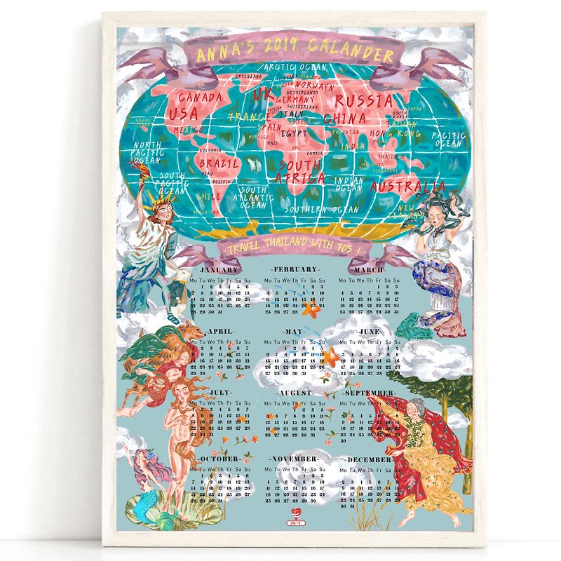 2019 Calendar World Map print art poster Canvas Living Room Decor - Posters - Plastic White