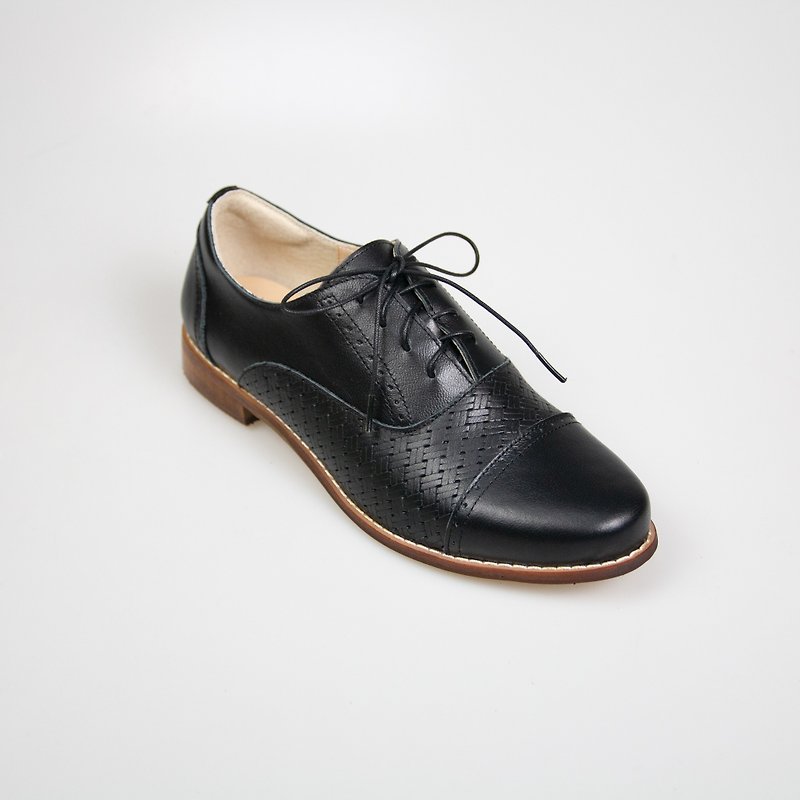 Embossed stitching Oxford women's shoes/black/262C last - รองเท้าอ็อกฟอร์ดผู้หญิง - หนังแท้ สีดำ