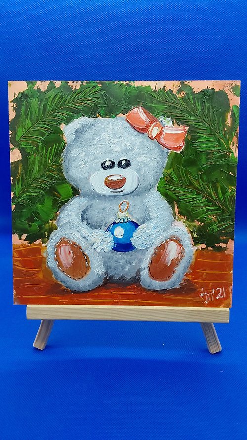 CosinessArt Funny Teddy Bear Original Painting Forest Animals Handmade Oil Painting with Toy