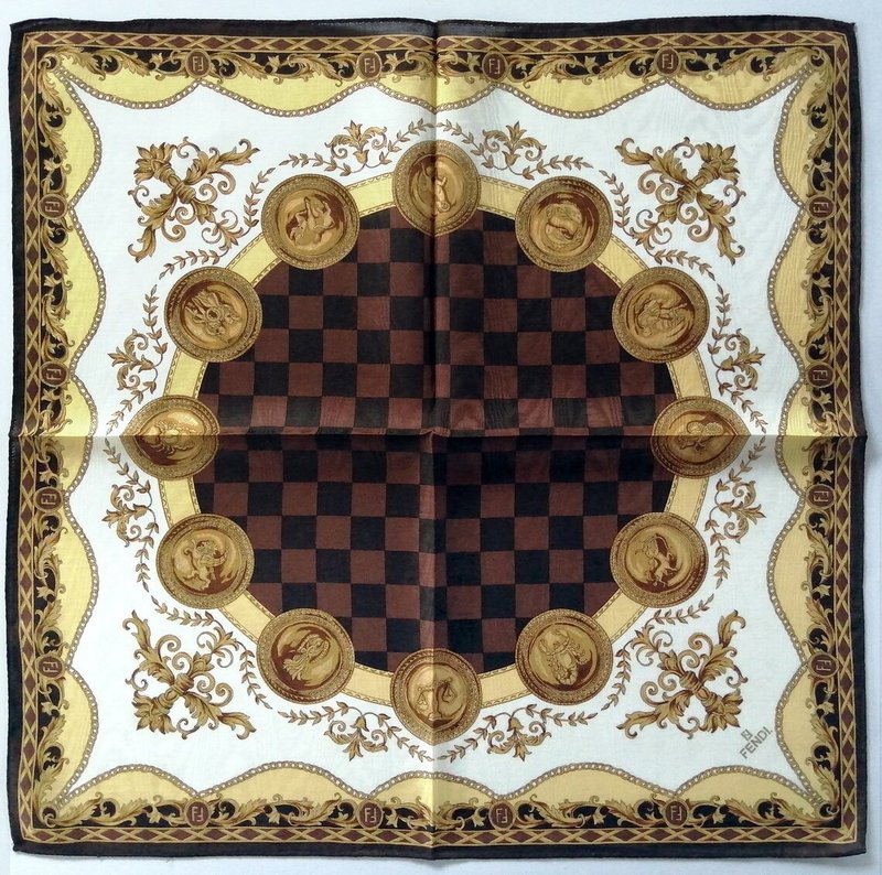 Vintage Fendi Scarf – Zodiac Medallion & Baroque Jacquard 20 x 19.5 inches - 絲巾 - 棉．麻 咖啡色
