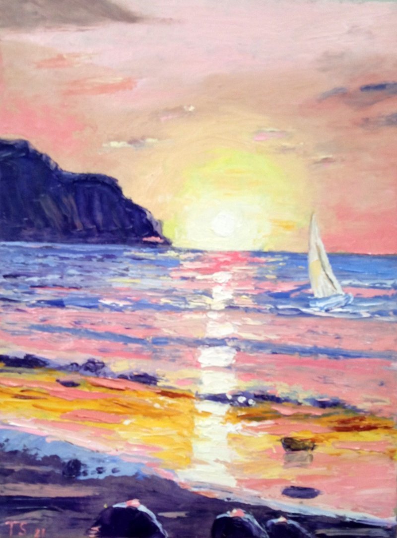 Made to order. Original oil painting Pink seascape. 24x18 cm. Unframed. - ตกแต่งผนัง - วัสดุอื่นๆ 