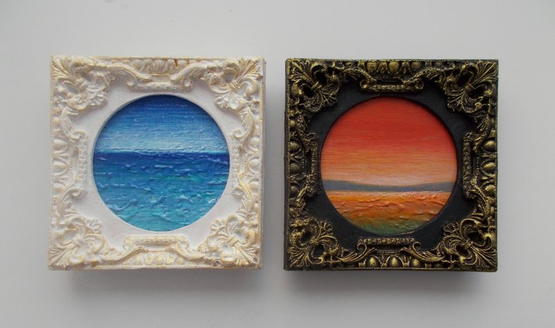 Set of 2 painting seaskape Framed painting Original textured painting Mini art - Wall Décor - Other Materials Multicolor