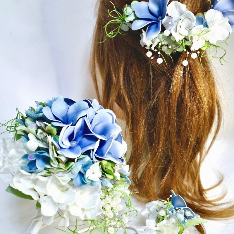 Wedding bouquet hair ornament boutonniere 3-piece set plumeria blue blue pearl a - Dried Flowers & Bouquets - Other Materials Blue