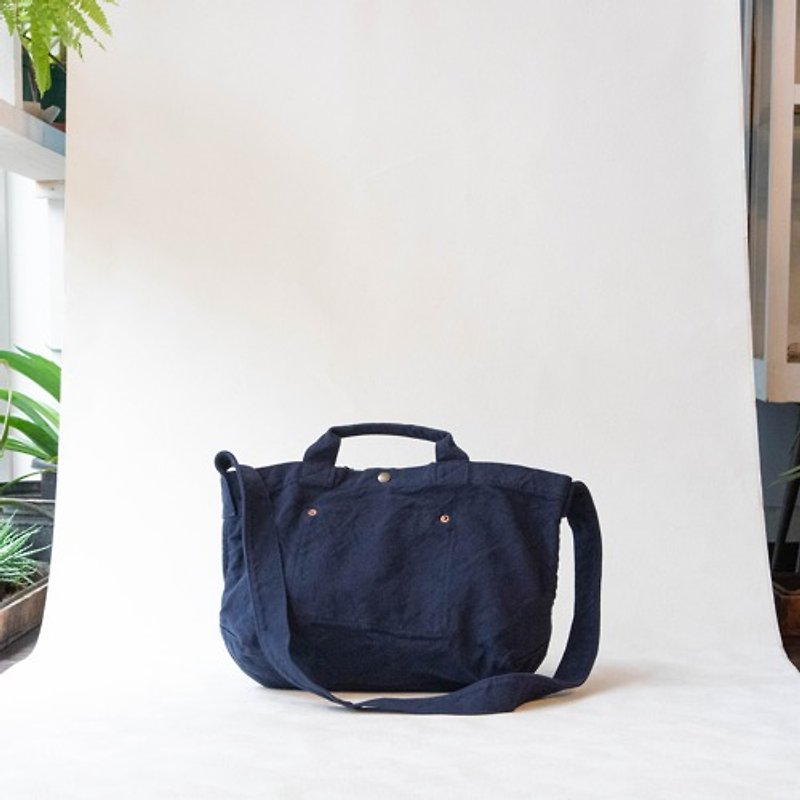 Horizontal tote bag [dark blue] (VC-9) - Handbags & Totes - Cotton & Hemp Blue