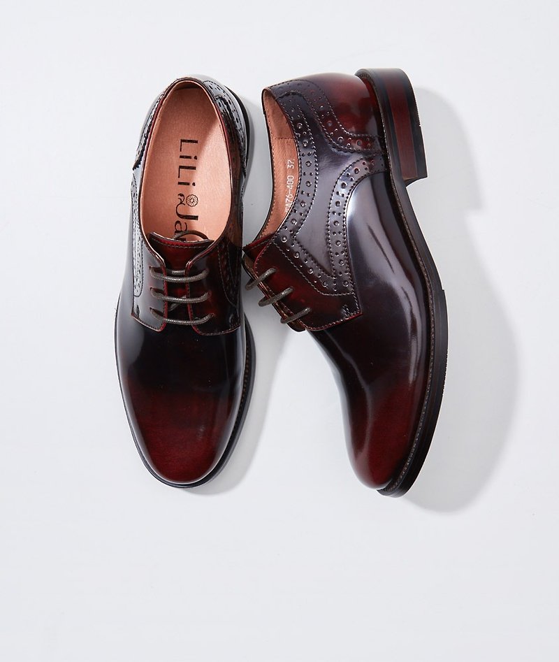 [绅士密会] Mirror leather side carved derby shoes _ dark red - รองเท้าอ็อกฟอร์ดผู้หญิง - หนังแท้ สีแดง