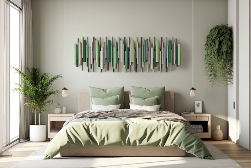 セージタイド 3Dウォールスカルプチャー ティールとセージグリーン 木材と金属 - ウォールデコ・壁紙 - 木製 グリーン