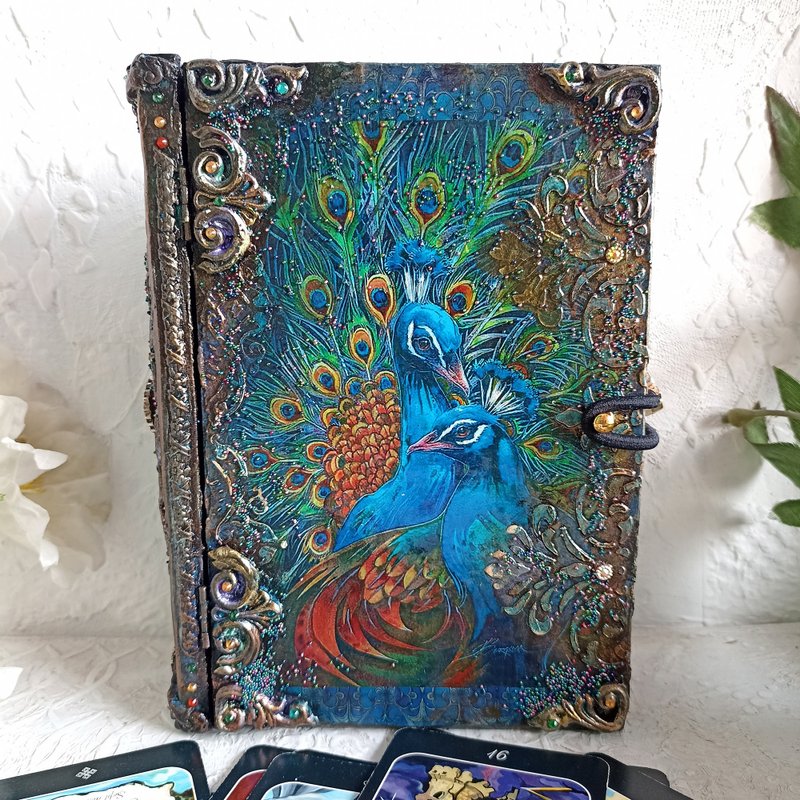 Peacock Box-Book,Box playing cards,Peacock tarot box,Peacock Feathe, Jewelry box - กล่องเก็บของ - ไม้ สีน้ำเงิน