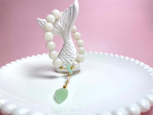 Athena珍珠設計 葉 天然淡水珍珠 白玉菩提 玉 彈力 手鏈