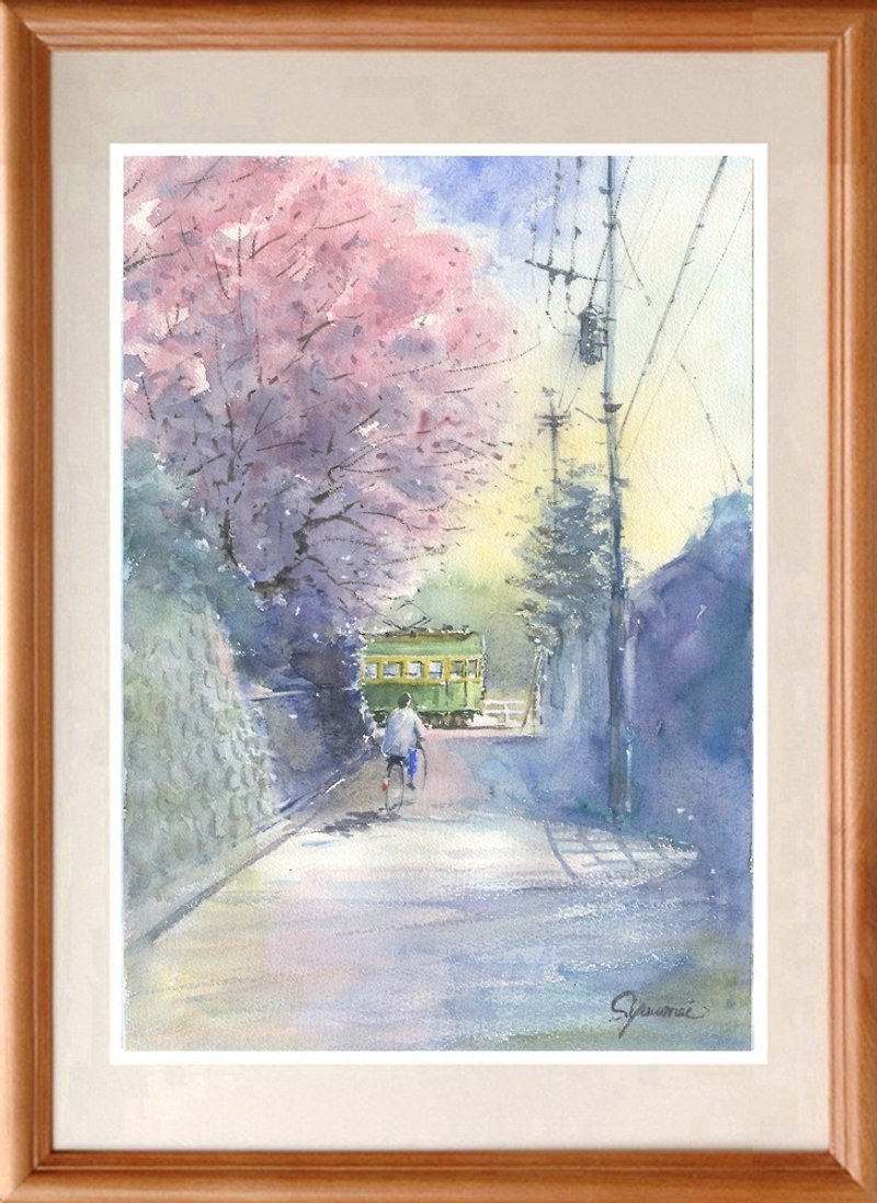 Made to order Watercolor original painting Enoden and Sakura 6 - โปสเตอร์ - กระดาษ สึชมพู