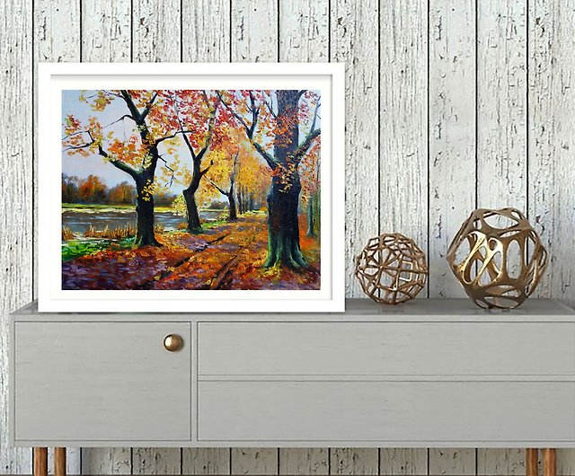 秋の木の絵画オリジナルの油絵アートワーク秋のキャンバスアート 
