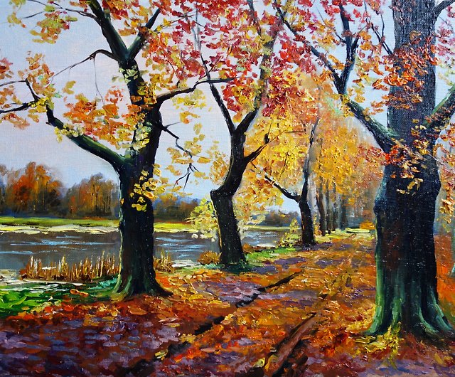 秋の木の絵画オリジナルの油絵アートワーク秋のキャンバスアート 