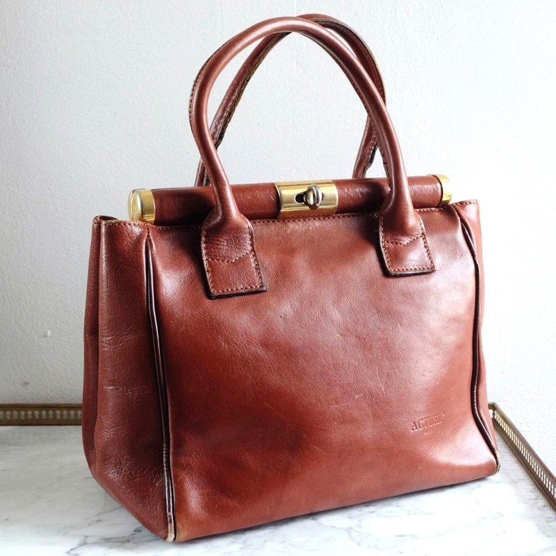 意大利復古Actuel啡色真皮袋 - 手提包/手提袋 - 真皮 咖啡色