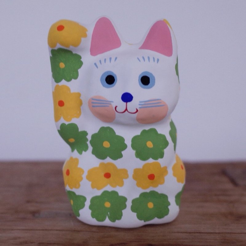 Lucky Cat Floral pattern yellow / green right beckoning - Stuffed Dolls & Figurines - Paper 