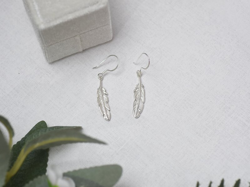 Feather | Dangle Earrings 925 Sterling Silver K Gold Three-dimensional Handmade Silver Lover Gift - ต่างหู - เงินแท้ สีเงิน