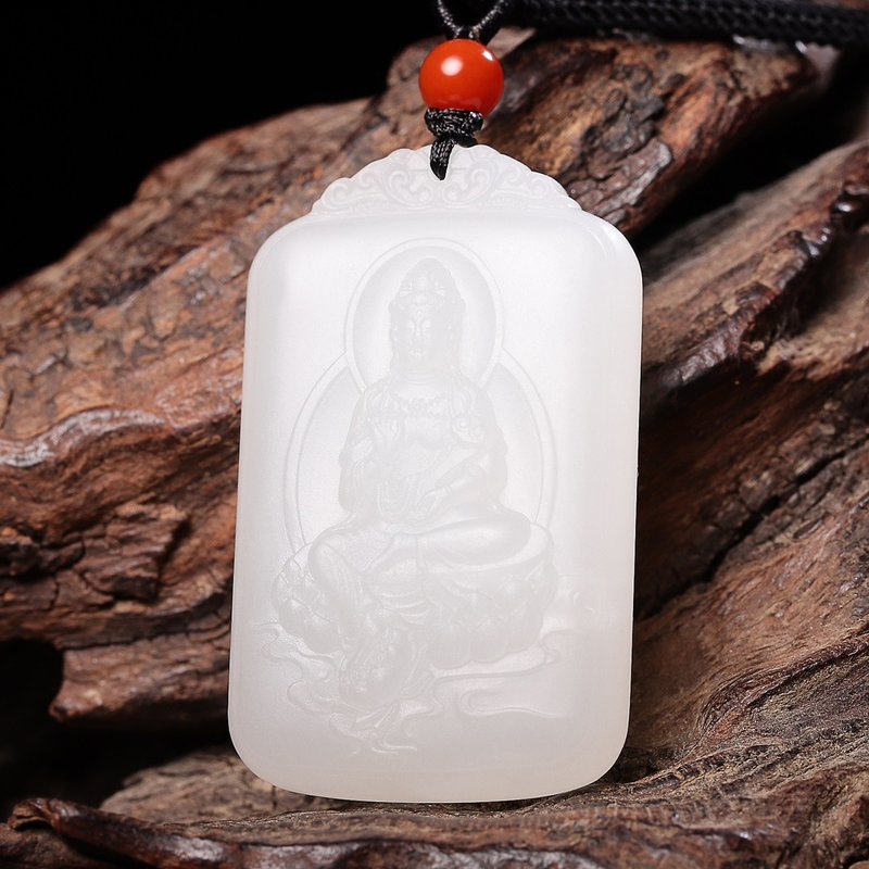 Flash sale price collection grade natural Xinjiang Hotan Jade Mutton Fat Jade Guanyin Pendant is an ingenious work of famous masters - สร้อยข้อมือ - หยก 