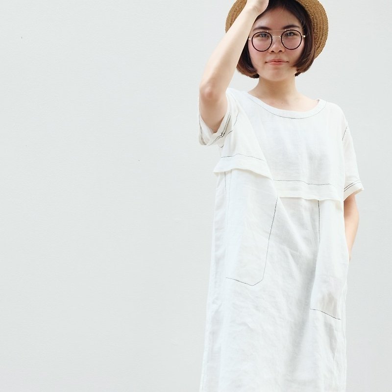 Line Linen White Dress - 連身裙 - 棉．麻 白色