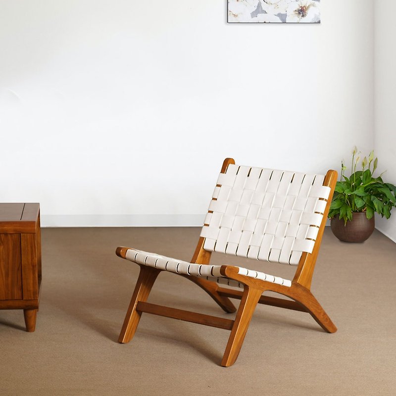 柚木舒壓椅 休閒單人椅 柚木實木 真皮皮革編織 皮面座椅 - 椅子/沙發 - 木頭 白色