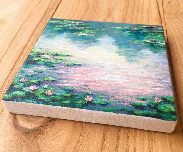 Blue Waterlily Pond On Canvas Board - Water Lilies 5x7 inches Painting by  Vics Art