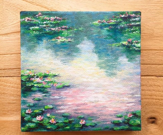 Blue Waterlily Pond On Canvas Board - Water Lilies 5x7 inches Painting by  Vics Art