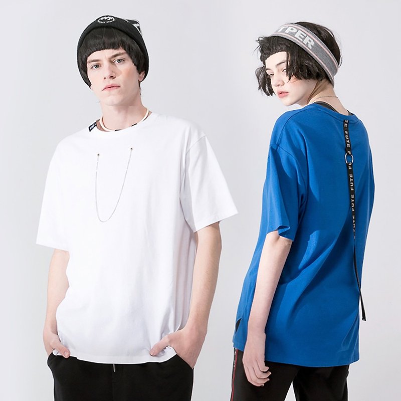 Goody Bag - 項鍊設計 短袖t-shirt / 寶藍色+白色 - 女 T 恤 - 棉．麻 藍色