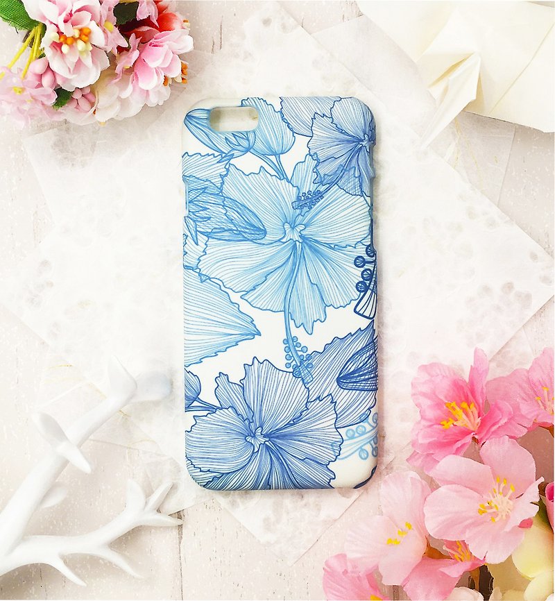 Mulberry hibiscus pattern - Zhanqing original iPhone case/protective case - เคส/ซองมือถือ - พลาสติก สีน้ำเงิน
