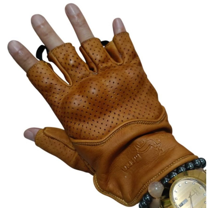 Gloves Real Leather Dark Yellow Vintage classic cafe racer Biker half fingers - 其他 - 真皮 