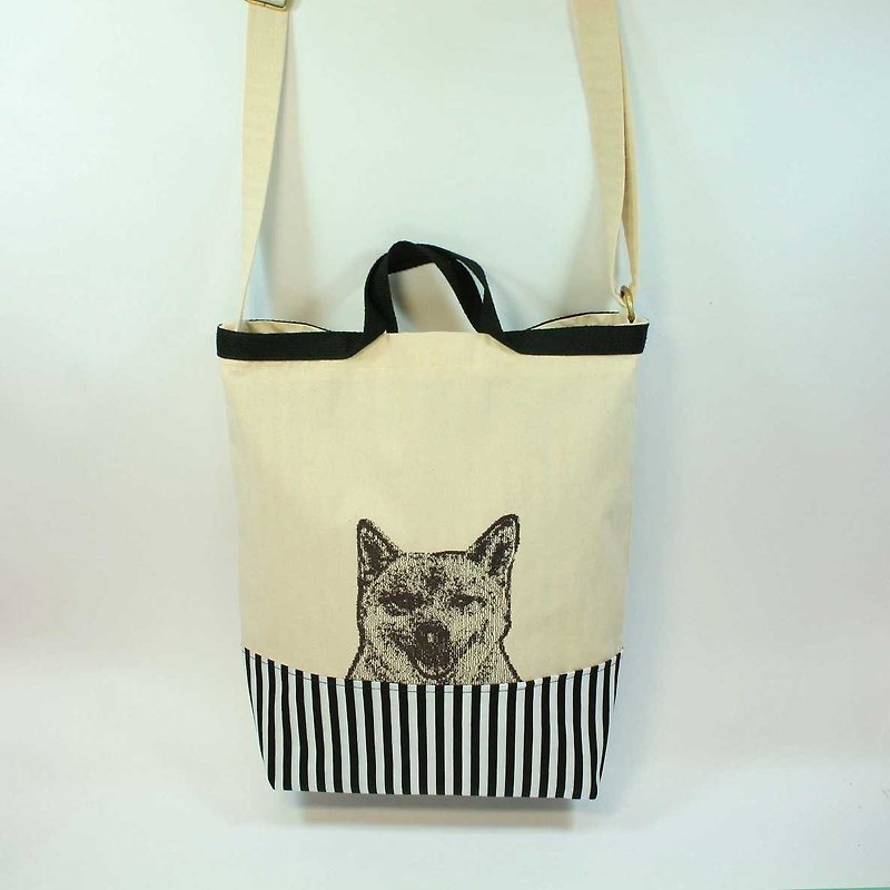 Embroidery portable, dual shoulder bags 02 Shiba Inu - กระเป๋าแมสเซนเจอร์ - ผ้าฝ้าย/ผ้าลินิน ขาว