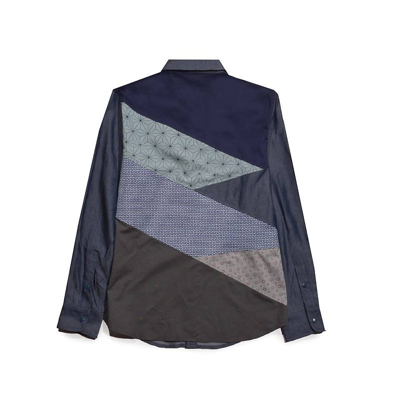 oqLiq - Root - Back stitching terraced shirt (blue) - Men's Shirts - Polyester Blue