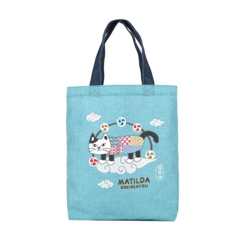 Kusuguru Japan 肩背包 日本限定和風圖樣A4帆布托特包雷神款藍綠 - 手提包/手提袋 - 聚酯纖維 綠色