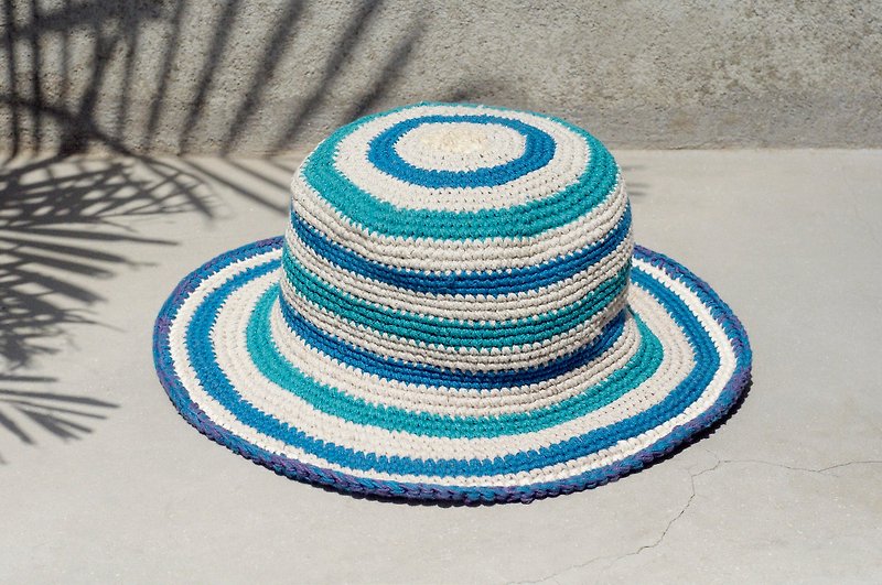 限量一件 手工編織棉麻帽/編織帽/漁夫帽/遮陽帽/草帽 - 藍色天空條紋編織 - 帽子 - 棉．麻 藍色