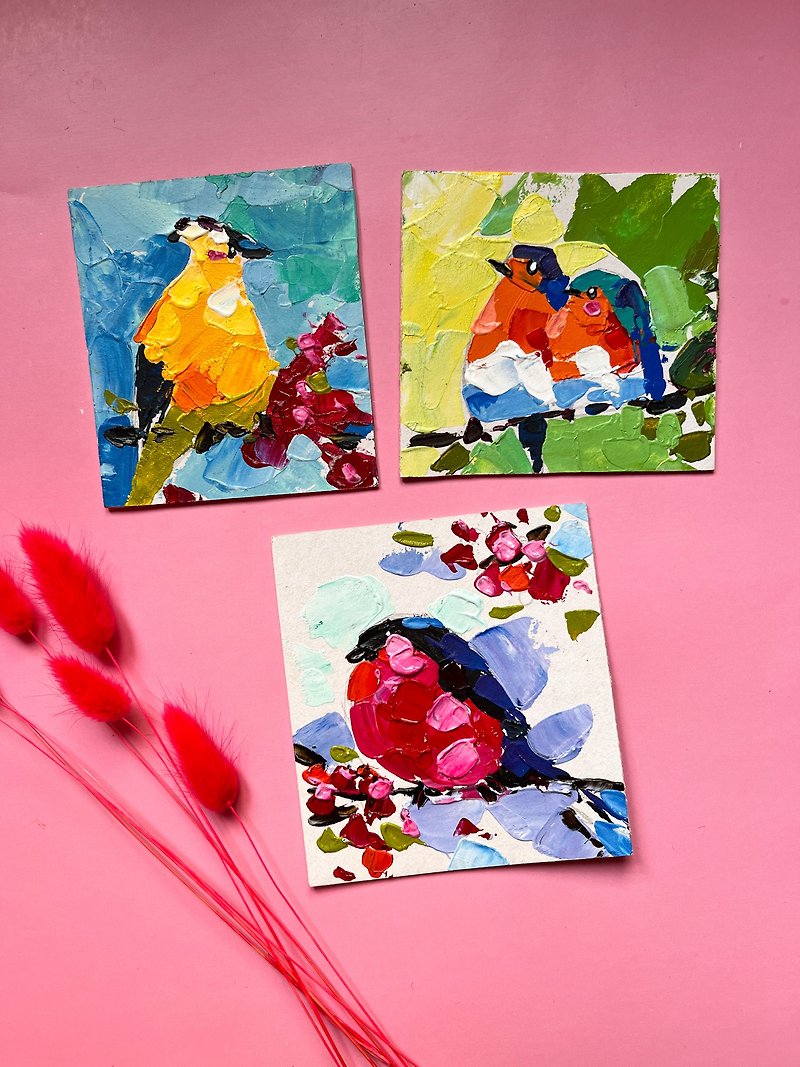 Bird Painting Set Original Artwork Chicadee Small Painting - โปสเตอร์ - วัสดุอื่นๆ สีส้ม