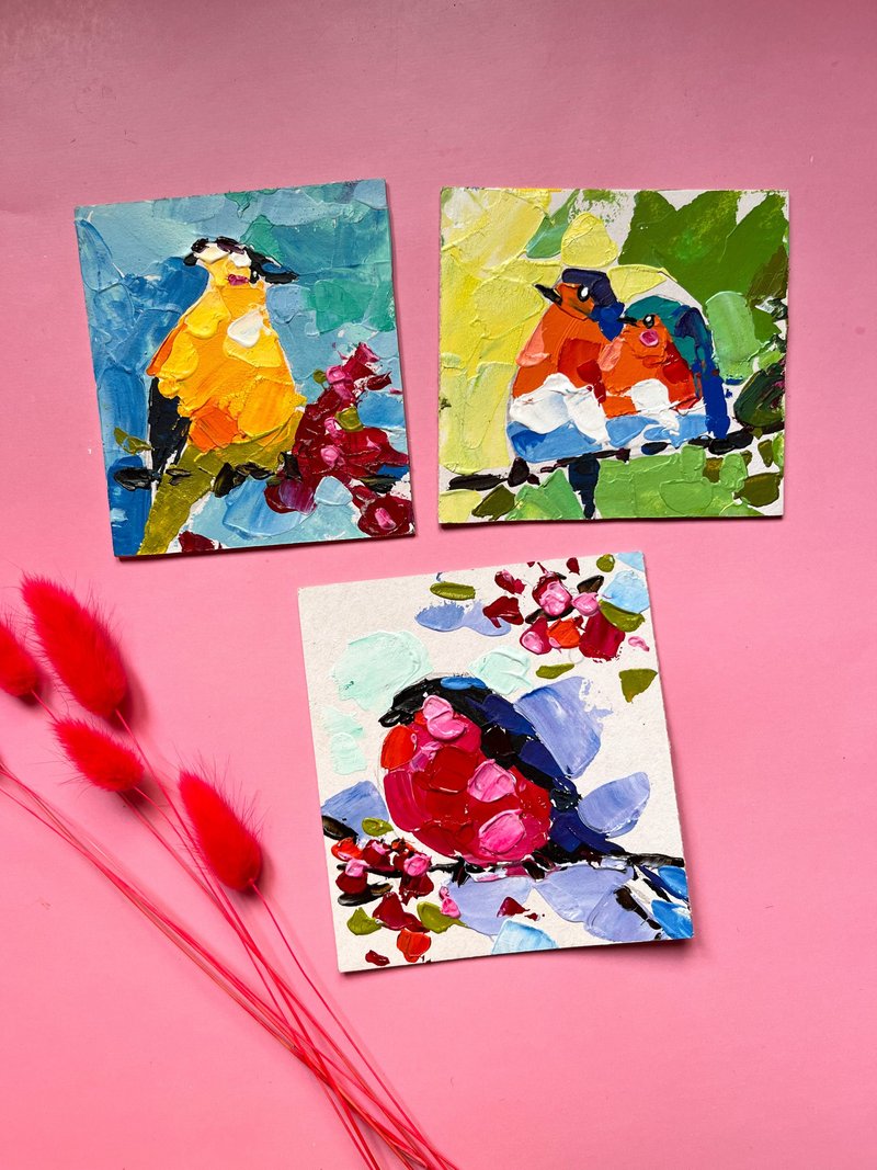 Bird Painting Set Original Artwork Chicadee Small Painting - โปสเตอร์ - วัสดุอื่นๆ สีส้ม