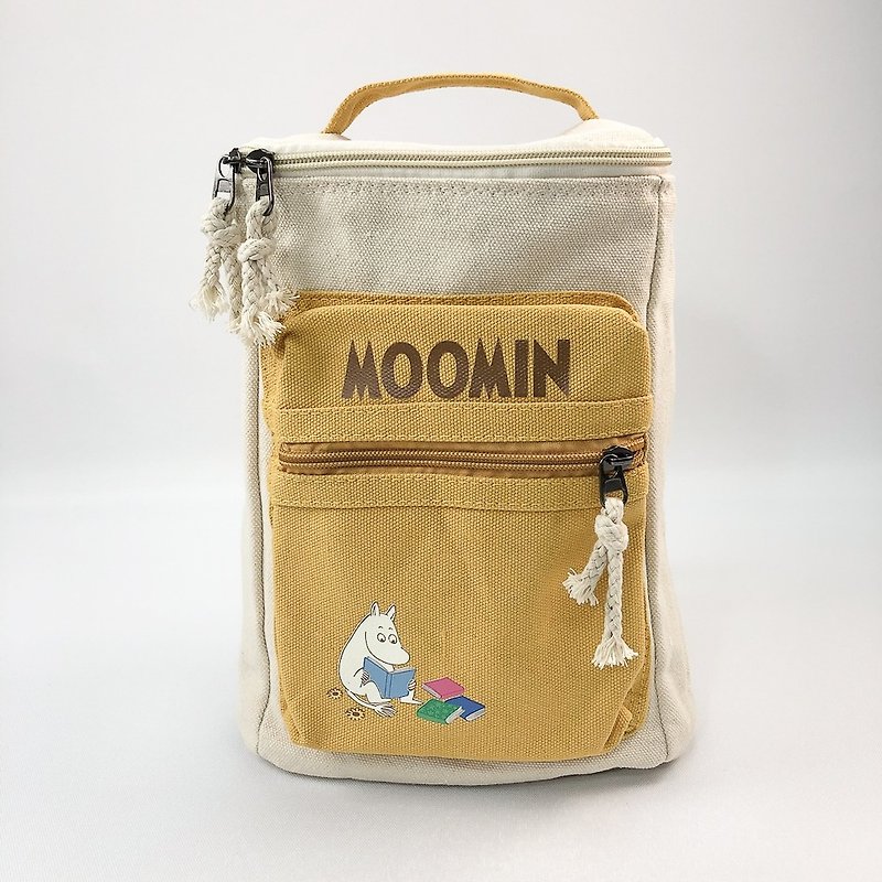 Moomin嚕嚕米授權-方筒拼色後背包-大(灰/粉/黃) - 後背包/書包 - 棉．麻 多色