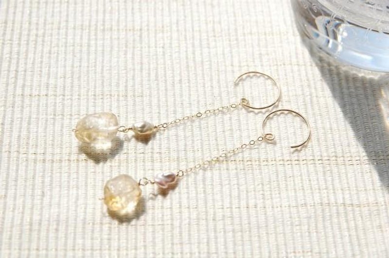 Rough cut citrine and pearl ascer 14 gold gf - Earrings & Clip-ons - Gemstone Yellow
