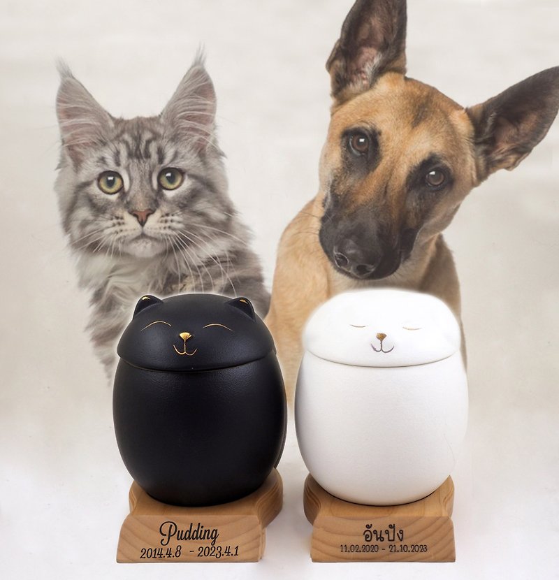 Cat and Dog Shape Memorial Ceramic Urn, Customize Engraved for Cat and Dog, Urn - อื่นๆ - วัสดุอื่นๆ สีกากี