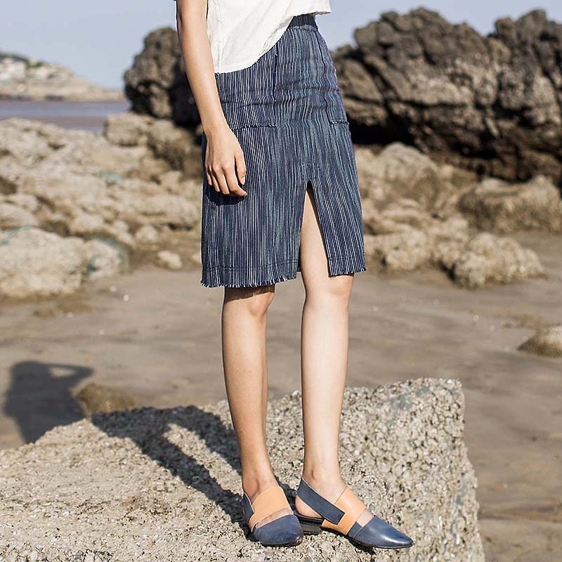 Anne Chen 2018 summer dress new ladies front slit striped skirt - Women's Pants - Cotton & Hemp Blue