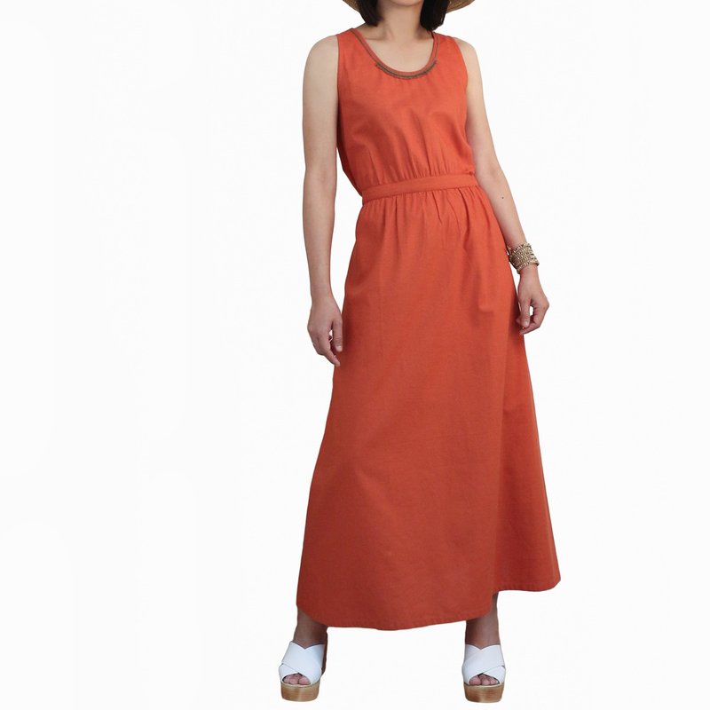 Cotton-linen Maxi Dress, Hand embroidery/ Orange - 洋裝/連身裙 - 棉．麻 橘色
