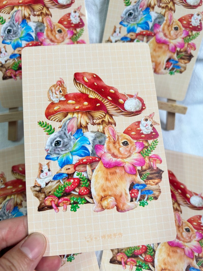 手繪水彩兔兔明信片postcard草莓糖霜紅蘑菇 - 卡片/明信片 - 紙 