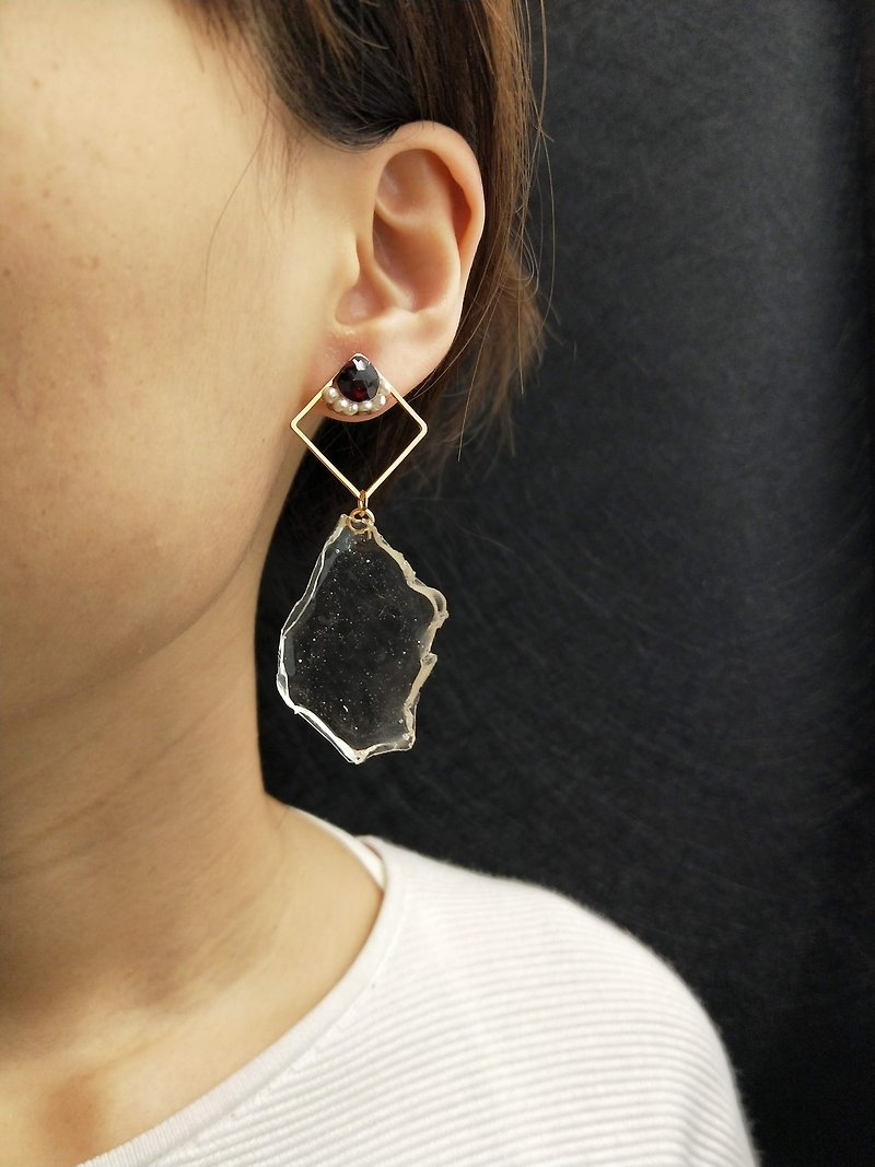 earring. Pearl * cut surface water drops red pomegranate irregular transparent resin ear pin ear clip earrings - Earrings & Clip-ons - Resin Transparent