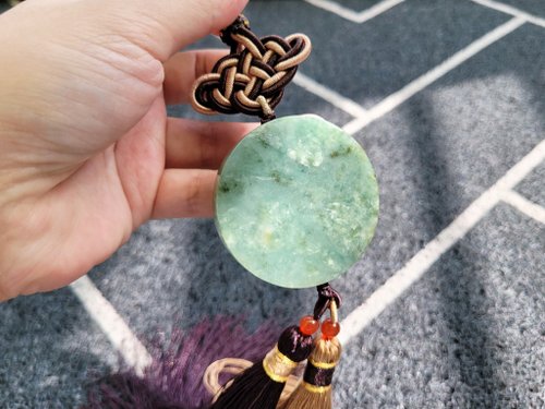 螺絲帽帽工作室 【親翠】天然翡翠 冰黃綠意境棉騰沖無事圓牌車吊飾包包吊飾