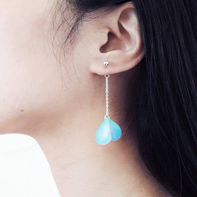 Minimalist Elegant Fishtail Two Leaf Lake Blue 925 Sterling Silver Handmade Dangle Earrings Clip-On - ต่างหู - เรซิน สีน้ำเงิน