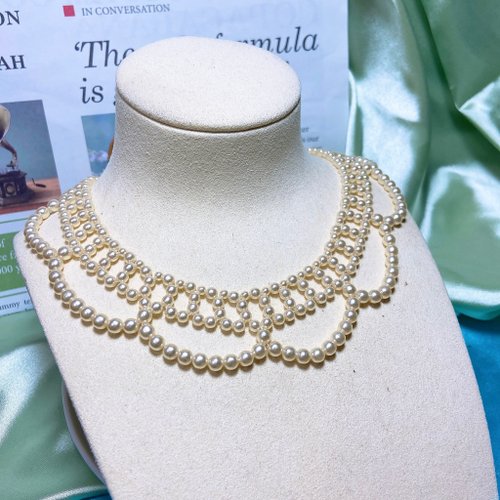 挪亞方舟古董飾品 Vintage Jewelry 【西洋古董飾品】稀有洛可可珍珠花感簍空 蕾絲領口優雅編織 項鍊