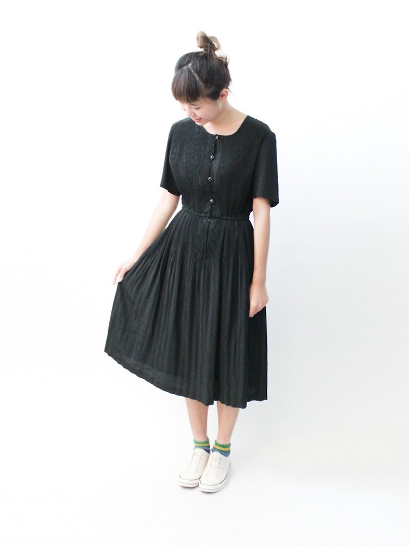 【RE1116D970】典雅日系復古印花布黑色短袖古著洋裝 - 洋裝/連身裙 - 聚酯纖維 黑色